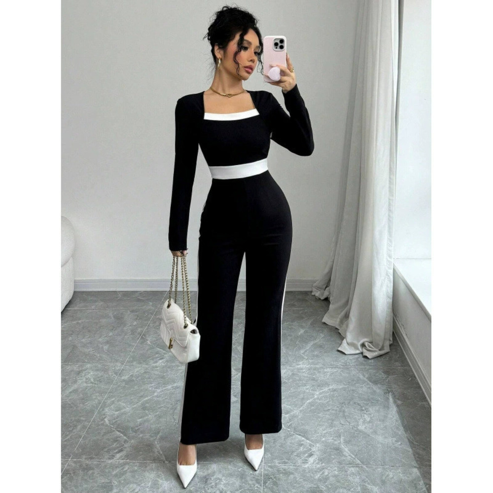ZARA Elegant Womens Transitional Long Sleeve Square Neck Slim Contrast Jumpsuit